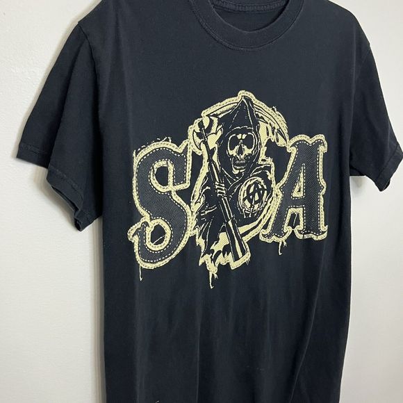 Sons Of Anarchy Small T-Shirt Mens Black Faux Patch SOA SAMCRO Grim Reaper VGC - Picture 2 of 7